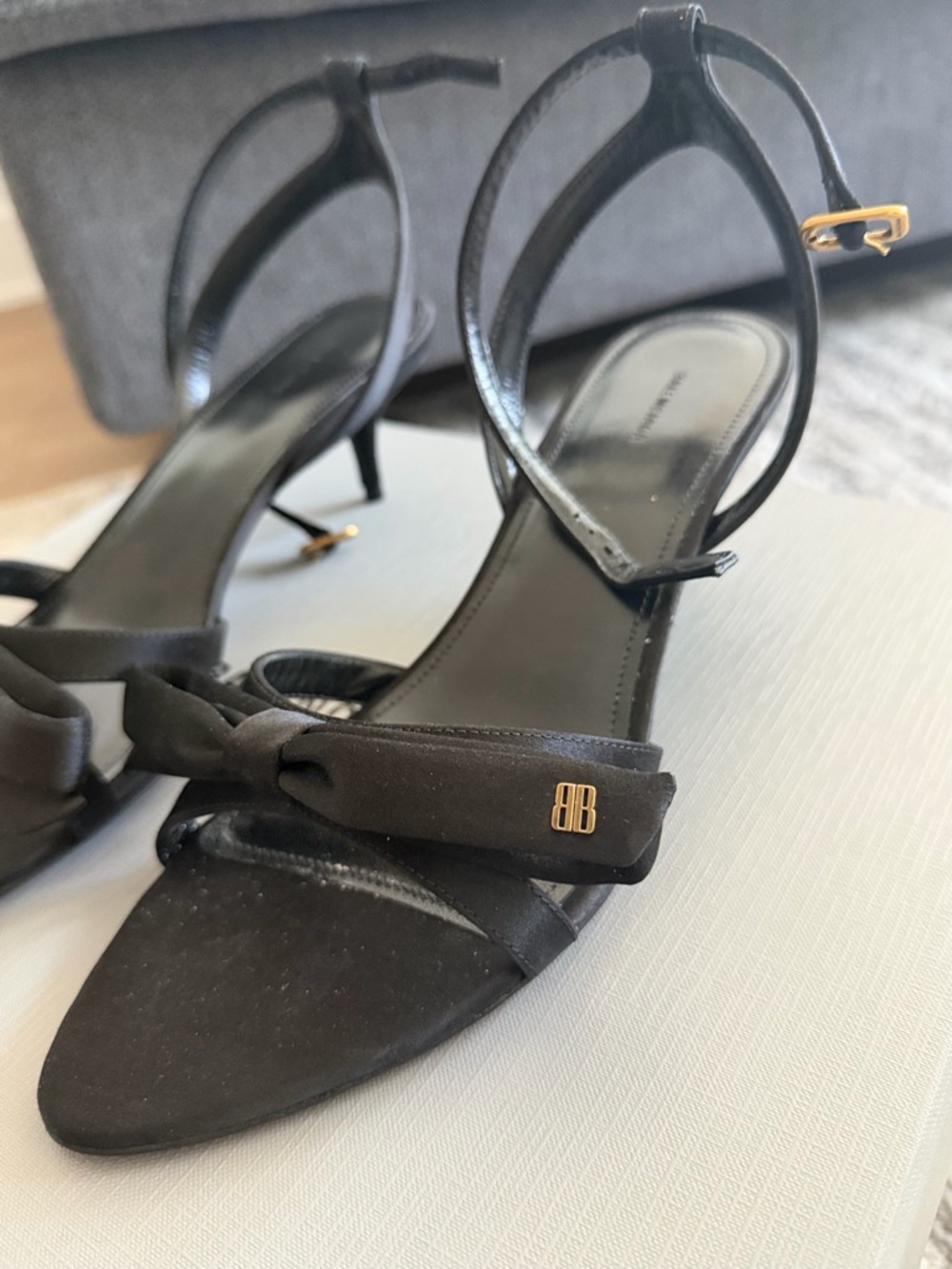 Balenciaga Black Satin Bow Ankle-Strap Heels - Picture 4 of 6